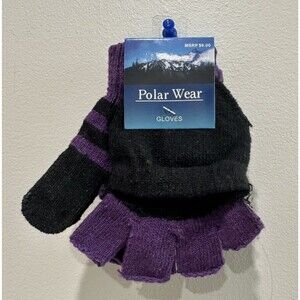 Girls fingerless glove mitten striped purple black knitted convertible flip top